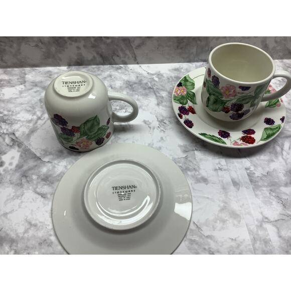 Tienshan Stoneware Mug & Saucer Set of 2 "Raspberry Social" Pattern - Preowned - Picture 4 of 5